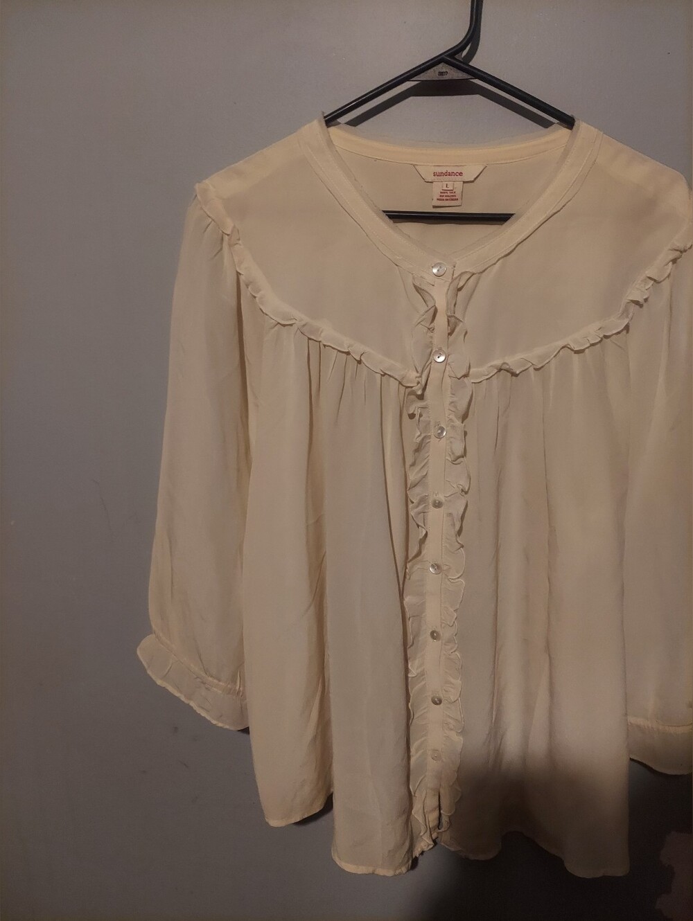 Sundance Womens 100% Silk Ruffle Button Front Blouse Top 3/4 Sleeve Boho Peasant